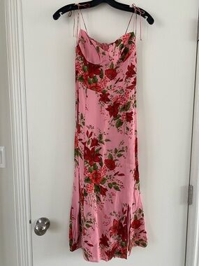Reformation Floral Pink Slip Dress with Red Bloom Print